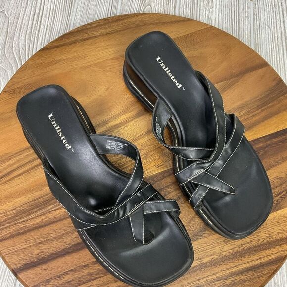 Unlisted Women's Size 11 Crosswinds Black Leather Wedge Slip on Sandals - Picture 8 of 10